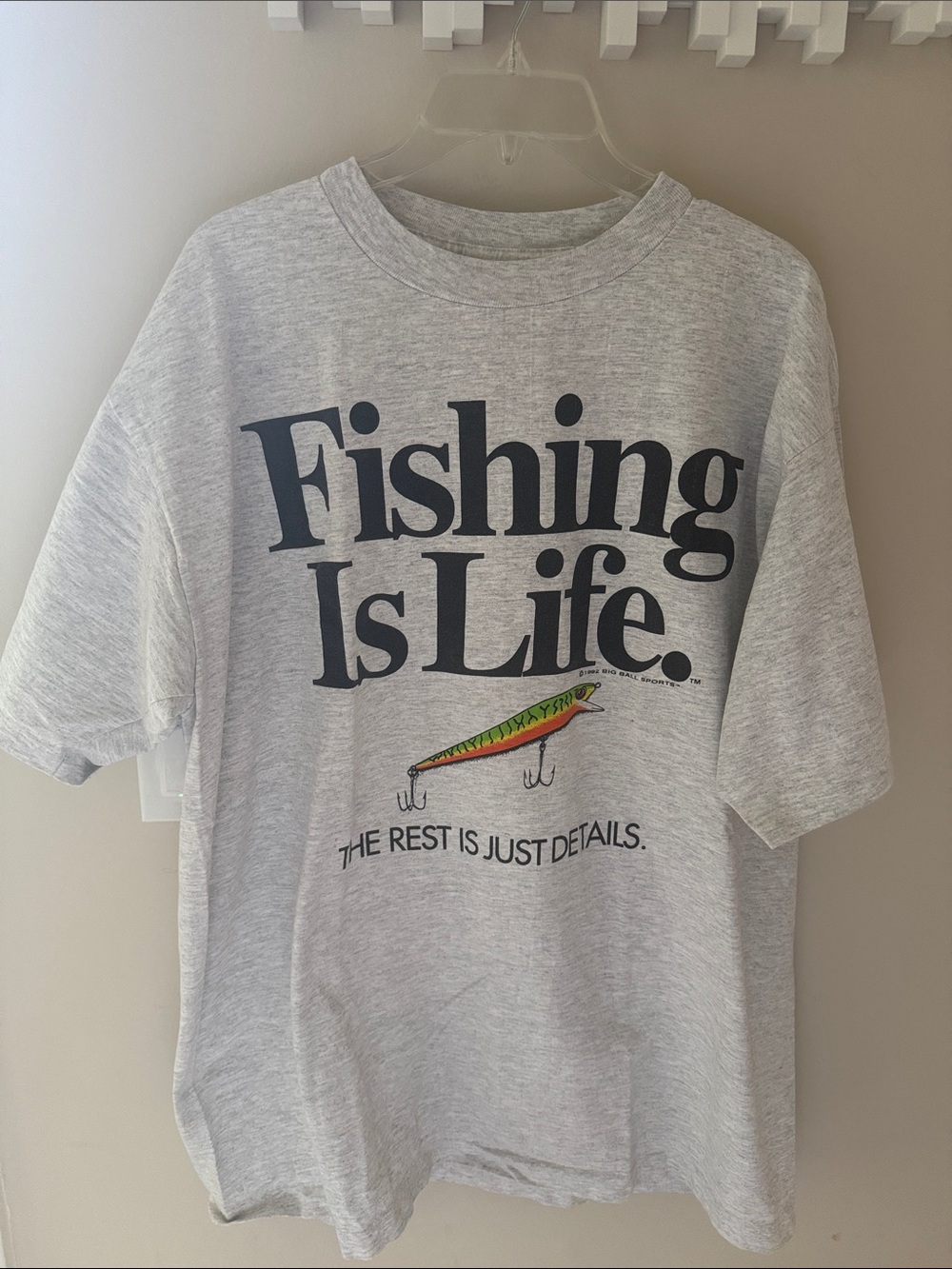 Vintage 1992 Fishing Is Life T Shirt Made USA Graphic Tee XL Gray Big Ball Sport